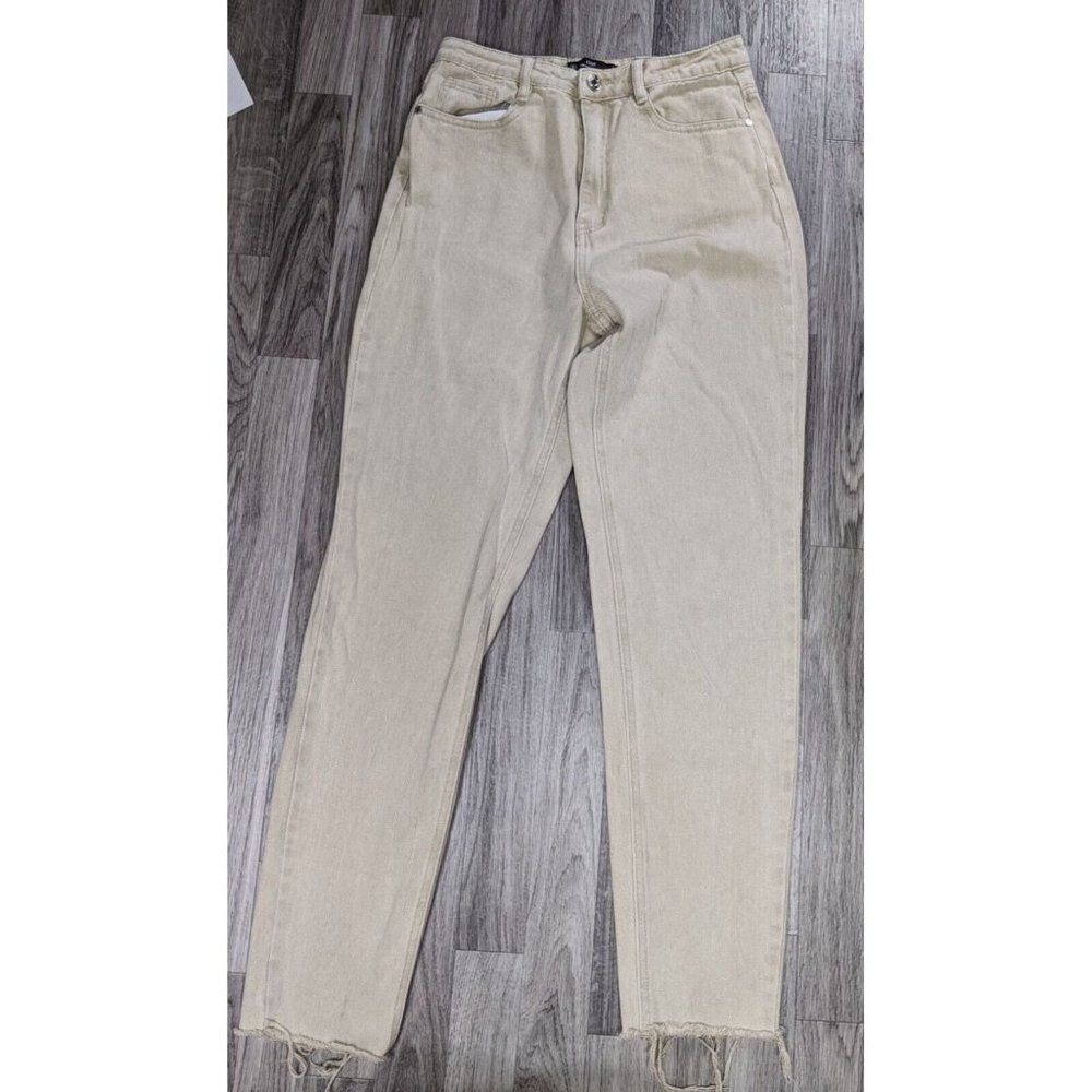 Riot Misguided Size 4 Long High Rise Fringe Hem Denim‎ Khaki Mom Jeans